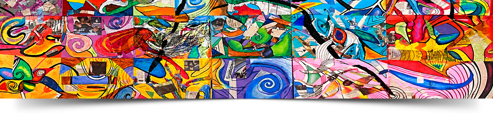 Colorful collaborative student artwork displayed as a mosaic banner