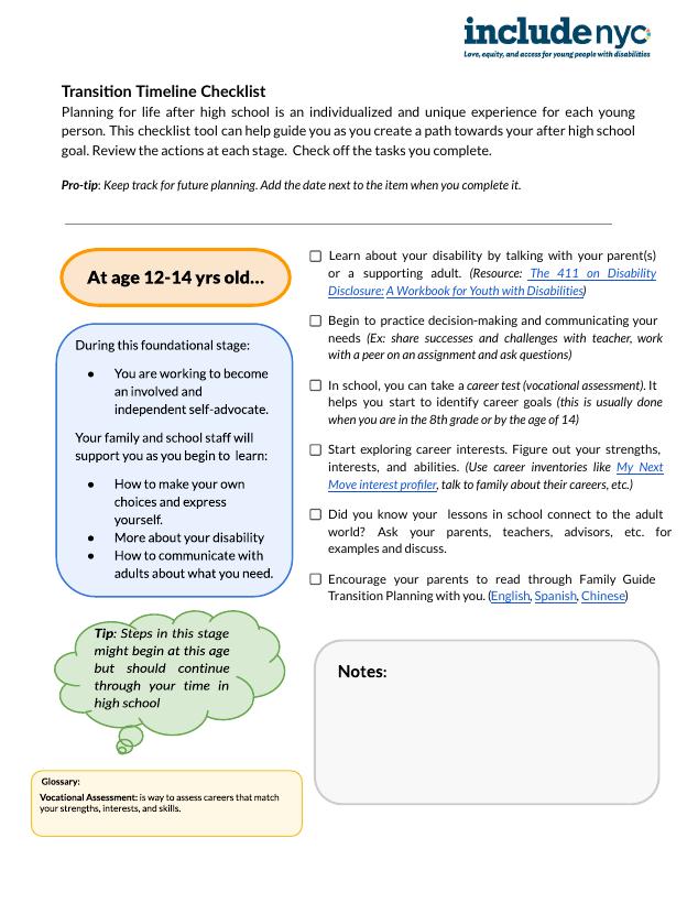 First-page preview of the INCLUDEnyc Transition Timeline Checklist